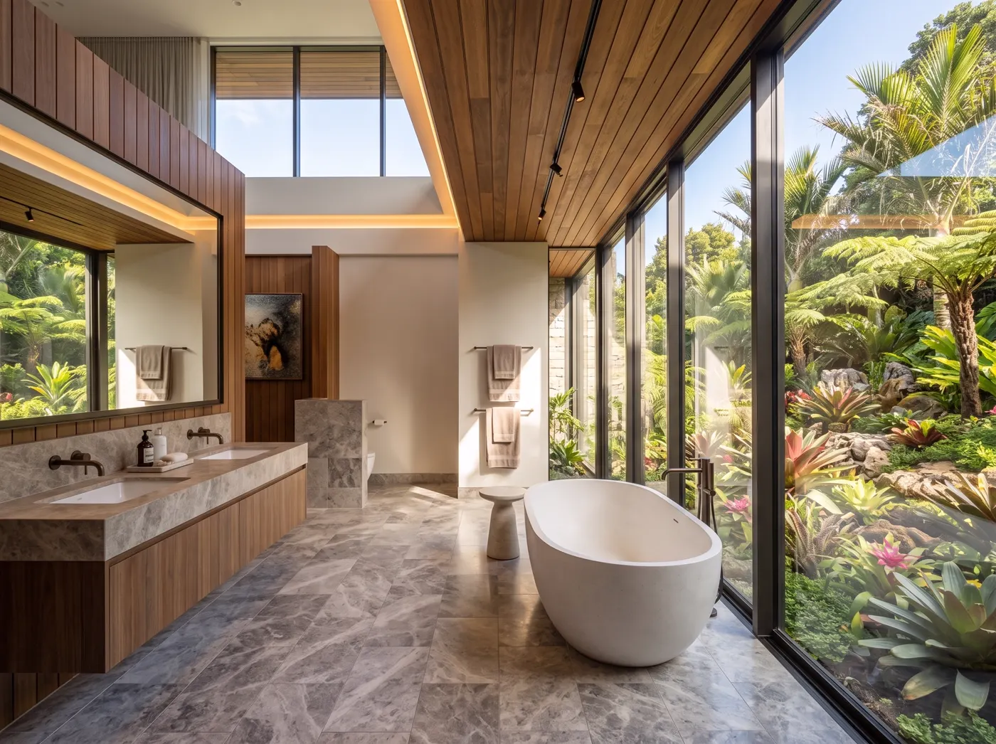Baño Jardín: Baño principal con tina exenta y ventanal completo hacia jardín tropical, Lechería, Anzoátegui