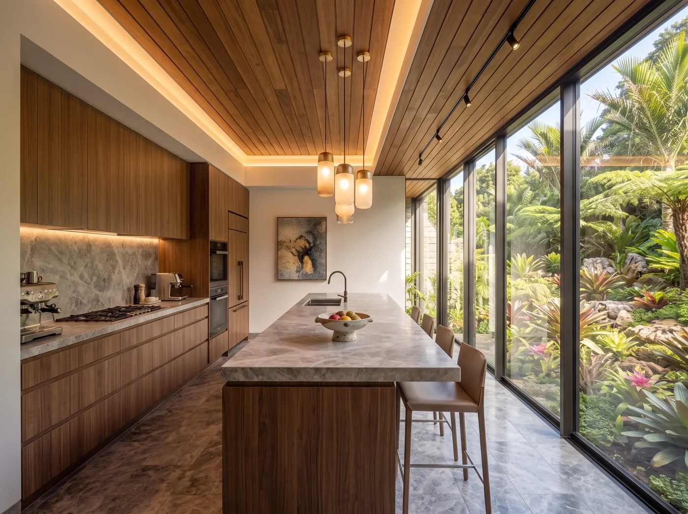 Cocina Isla: Cocina con isla de mármol, carpintería en madera y ventanal al jardín, Puerto La Cruz, Anzoátegui