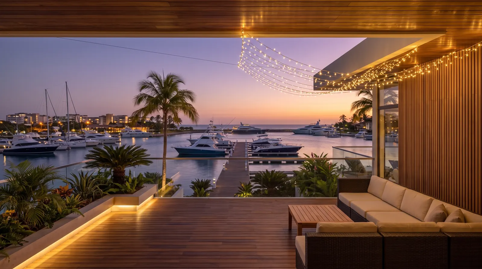Terraza Marina: Terraza de madera al atardecer con vista a la marina, Lechería, Anzoátegui